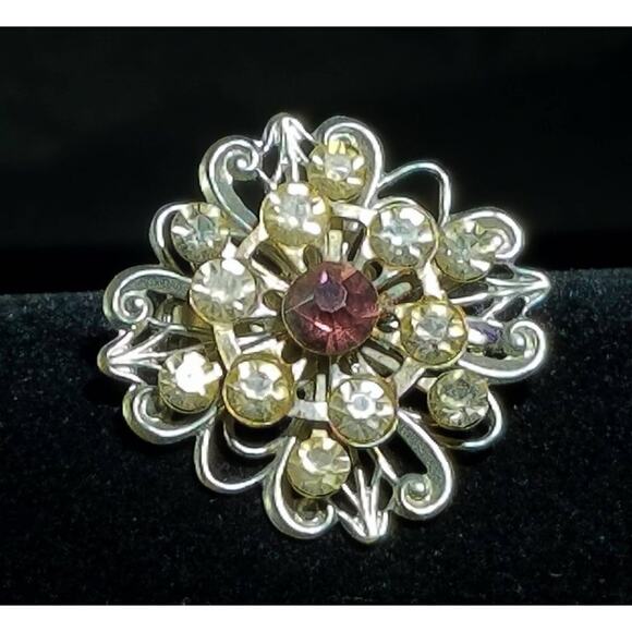 1950s Silver Tone Flower Brooch Purple Center Clear Rhinestone Vintage Pin - Picture 2 of 9